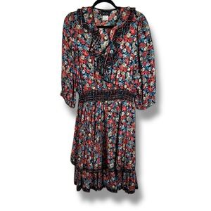 Vintage Diane Freś Silk Floral Midi Dress Size Large Red and Blue